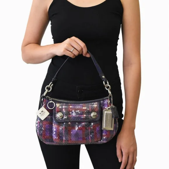 Coach Poppy Tartan Groovy Limited Ed Convertible Bag Y2K Purple+Red Sequins NWT - Picture 11 of 12